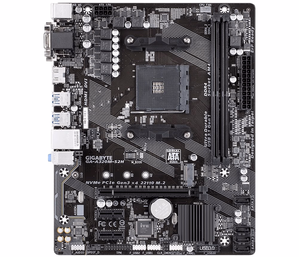 GIGABYTE GA-A320M-S2H, Socket AM4, AMD A320, Dual 2xDDR4-3200, APU AMD graphics, VGA, DVI, HDMI, 1xPCIe X16, 4xSATA3, RAID, 1xM.2, 2xPCIe X1, ALC887 HDA, GbE LAN, 6xUSB3.1, mATX 