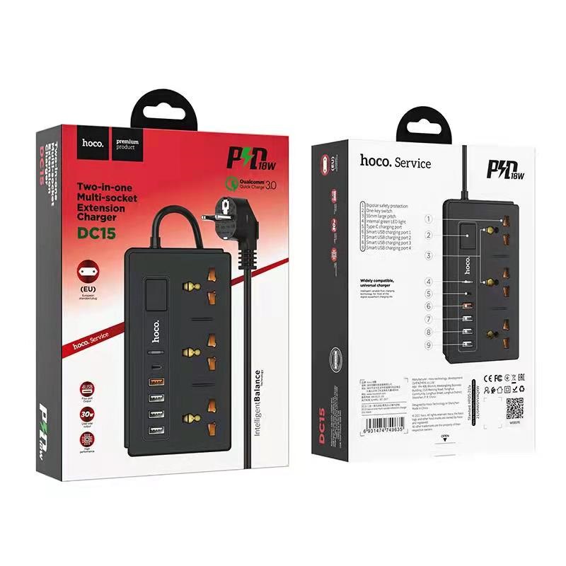 Многогнездовое удлинительное зарядное устройство «два в одном» HOCO DC15 / 4 x USB + USB-C / 30W / Black photo 2