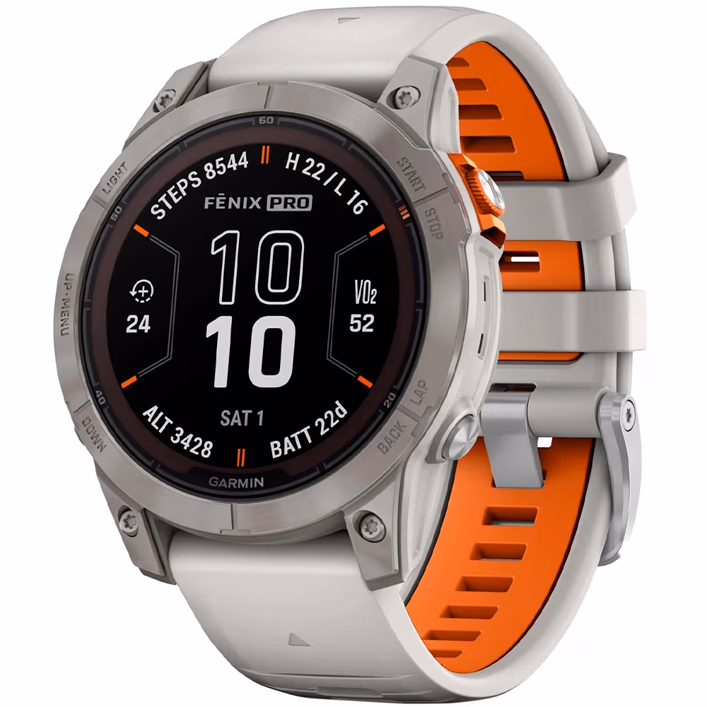 Garmin Fenix 7 Pro - Sapphire Solar, Titanium with Fog Gray/Ember Orange Band 