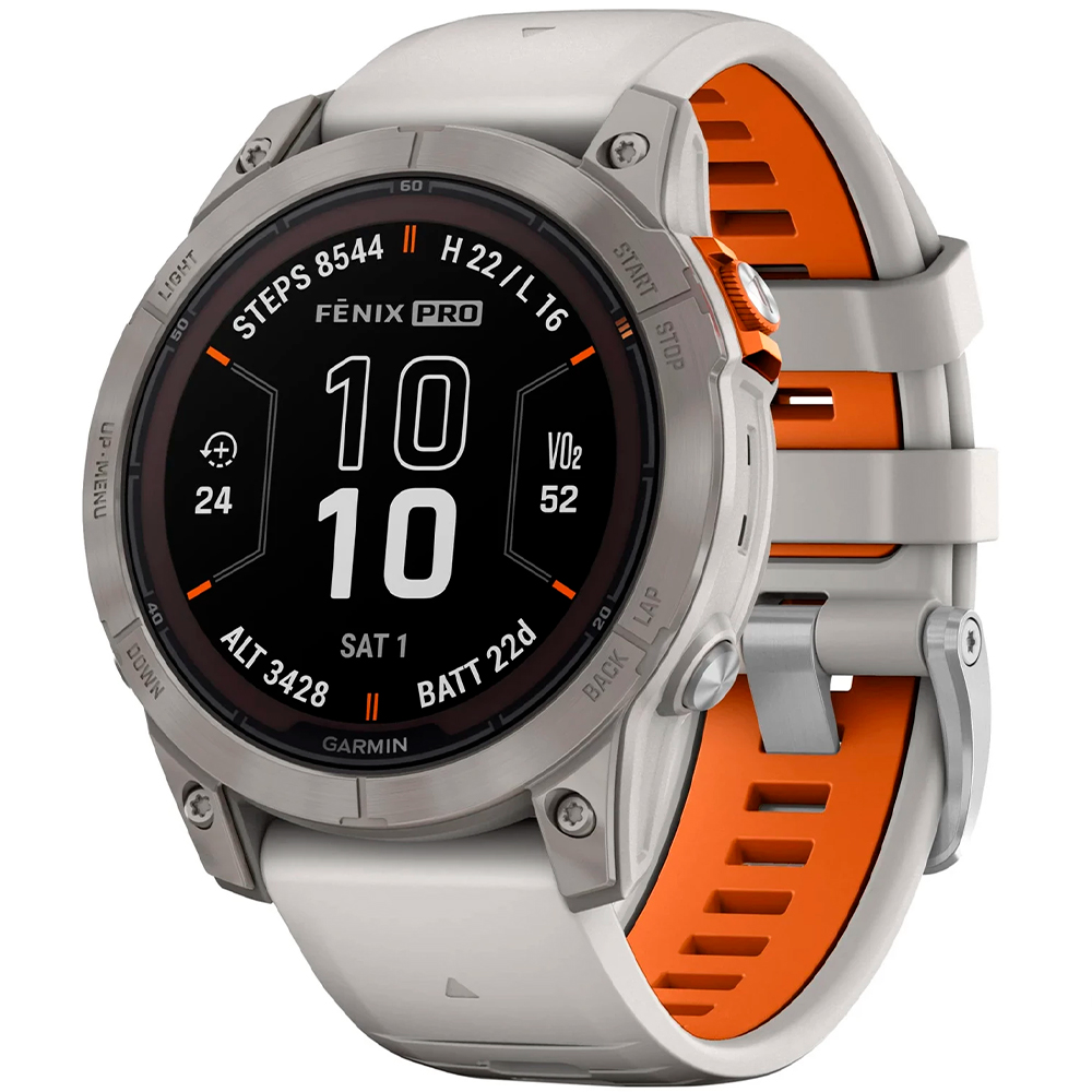 Garmin Fenix 7 Pro - Sapphire Solar, Titanium with Fog Gray/Ember Orange Band photo 1