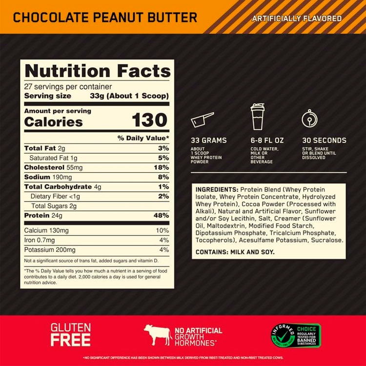 Сывороточный протеин Optimum Nutrition Gold Standard 100% WHEY Chocolate Peanut Butter 2lb/907 г photo 2