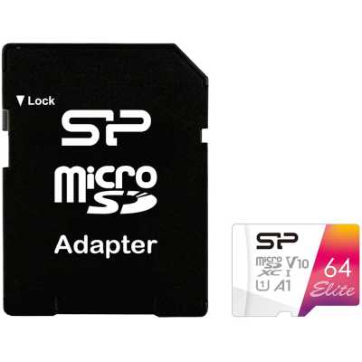 64GB microSD Class10 A1 V10 UHS-I + SD adapter Silicon Power Elite Color microSDXC, Up to: 100MB/s photo 1
