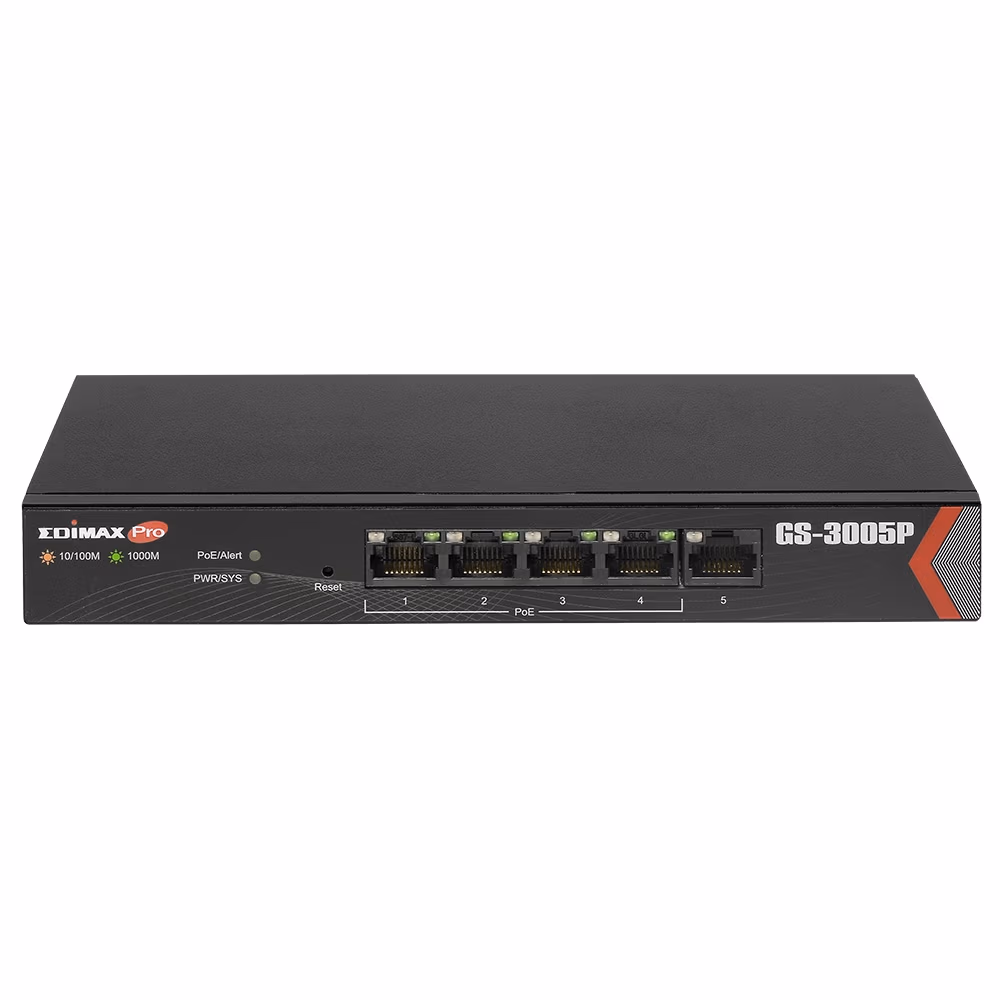 EDIMAX GS-3005P, 5-Port Gigabit Desktop PoE Switch, 5 Gigabit LAN ports including 4 PoE ports, Up to 30W per port (Total 72W) for powering PoE-enabled devices, Long range PoE power delivery distance extending up to 200 meters, steel case