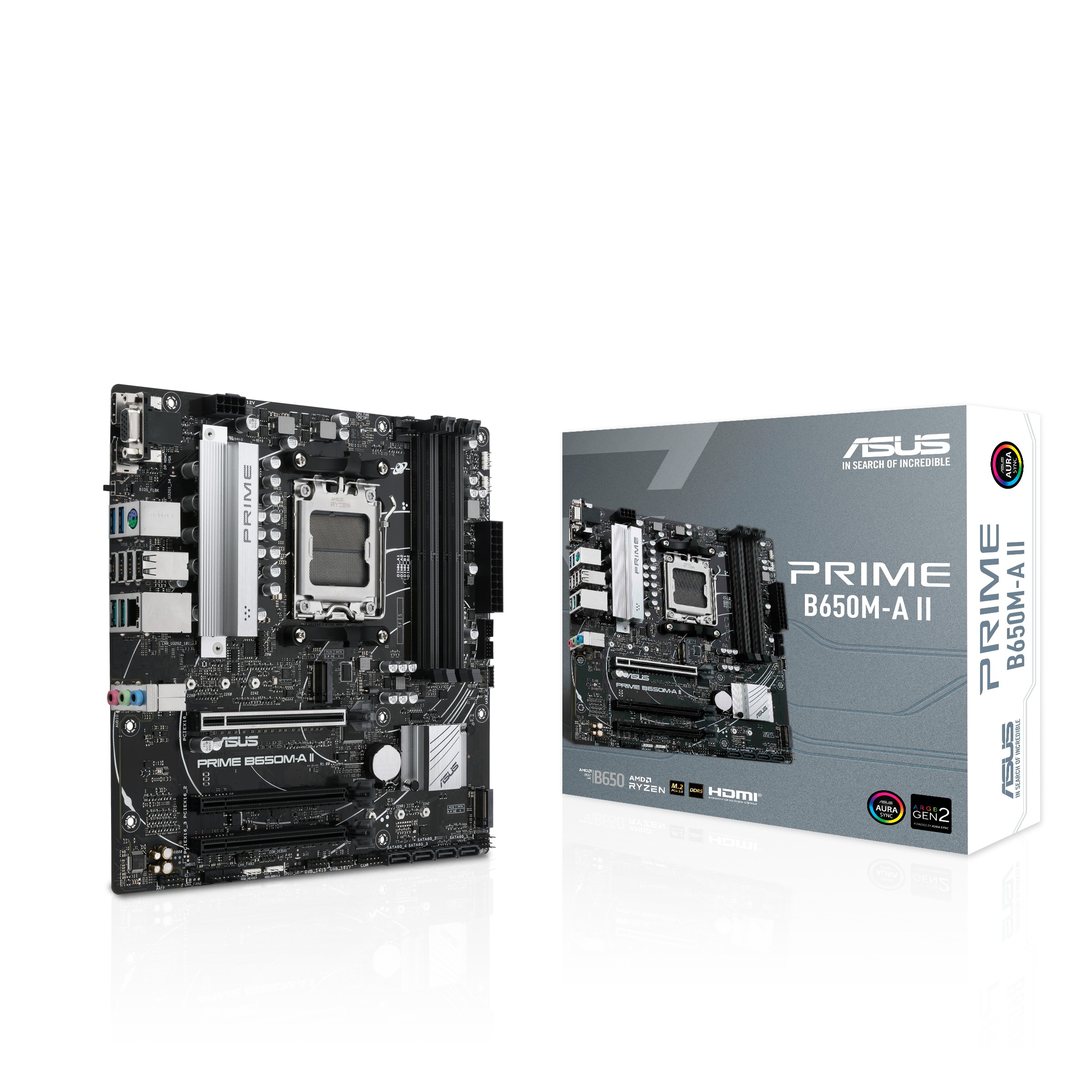 ASUS PRIME B650M-A II, Socket AM5, AMD B650, 14Phases, Dual 4xDDR5-6400, APU AMD graphics, VGA, HDMI, DP, 3xPCIe 4.0 X16, 4xSATA3, RAID, 2xM.2 PCIe 5.0, ALC1220-VB HDA, 2.5GbE LAN, 2xUSB3.2 Gen2, 5xUSB3.2 (1C+4A), Aura Sync RGB 2.0, mATX photo 1