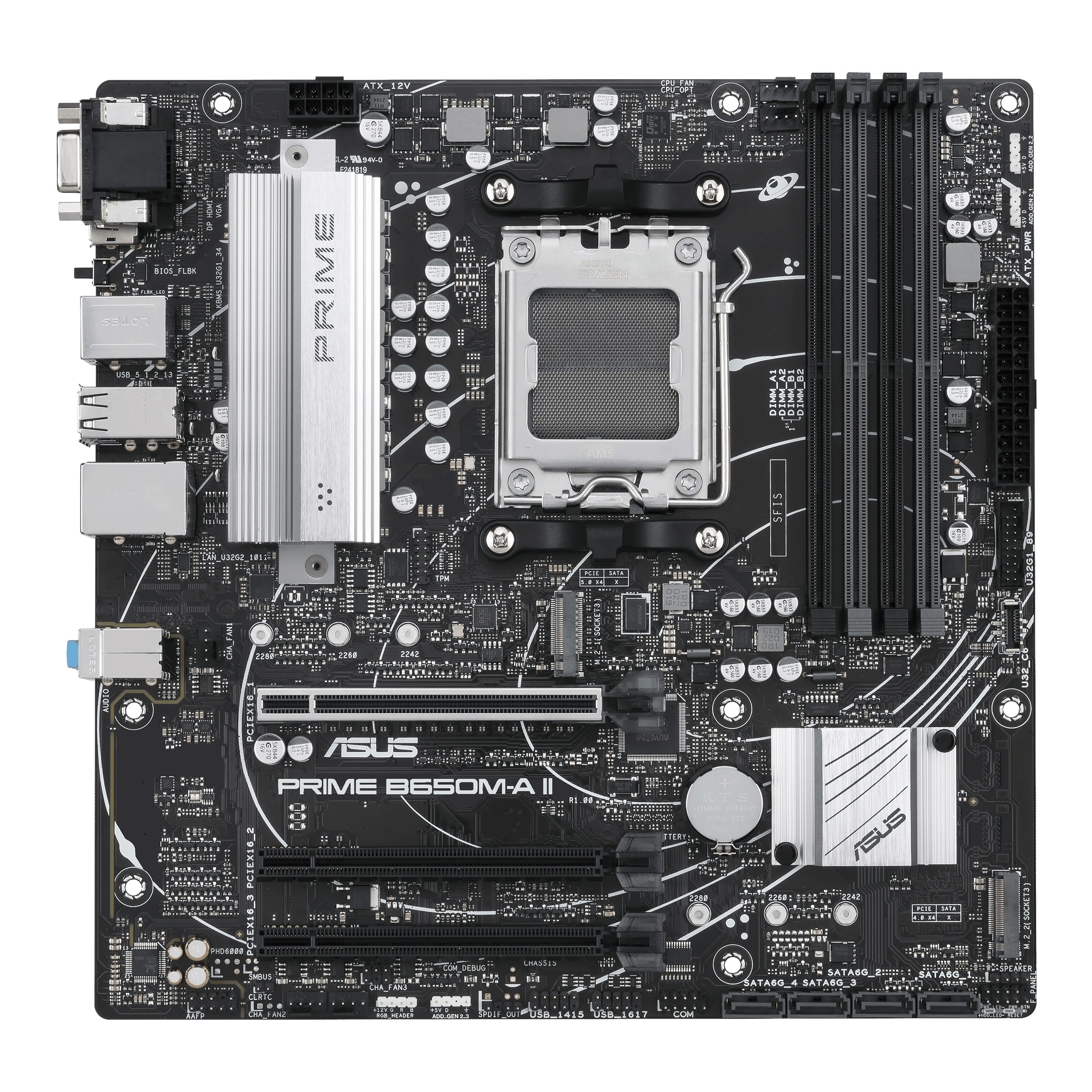 ASUS PRIME B650M-A II, Socket AM5, AMD B650, 14Phases, Dual 4xDDR5-6400, APU AMD graphics, VGA, HDMI, DP, 3xPCIe 4.0 X16, 4xSATA3, RAID, 2xM.2 PCIe 5.0, ALC1220-VB HDA, 2.5GbE LAN, 2xUSB3.2 Gen2, 5xUSB3.2 (1C+4A), Aura Sync RGB 2.0, mATX photo 2