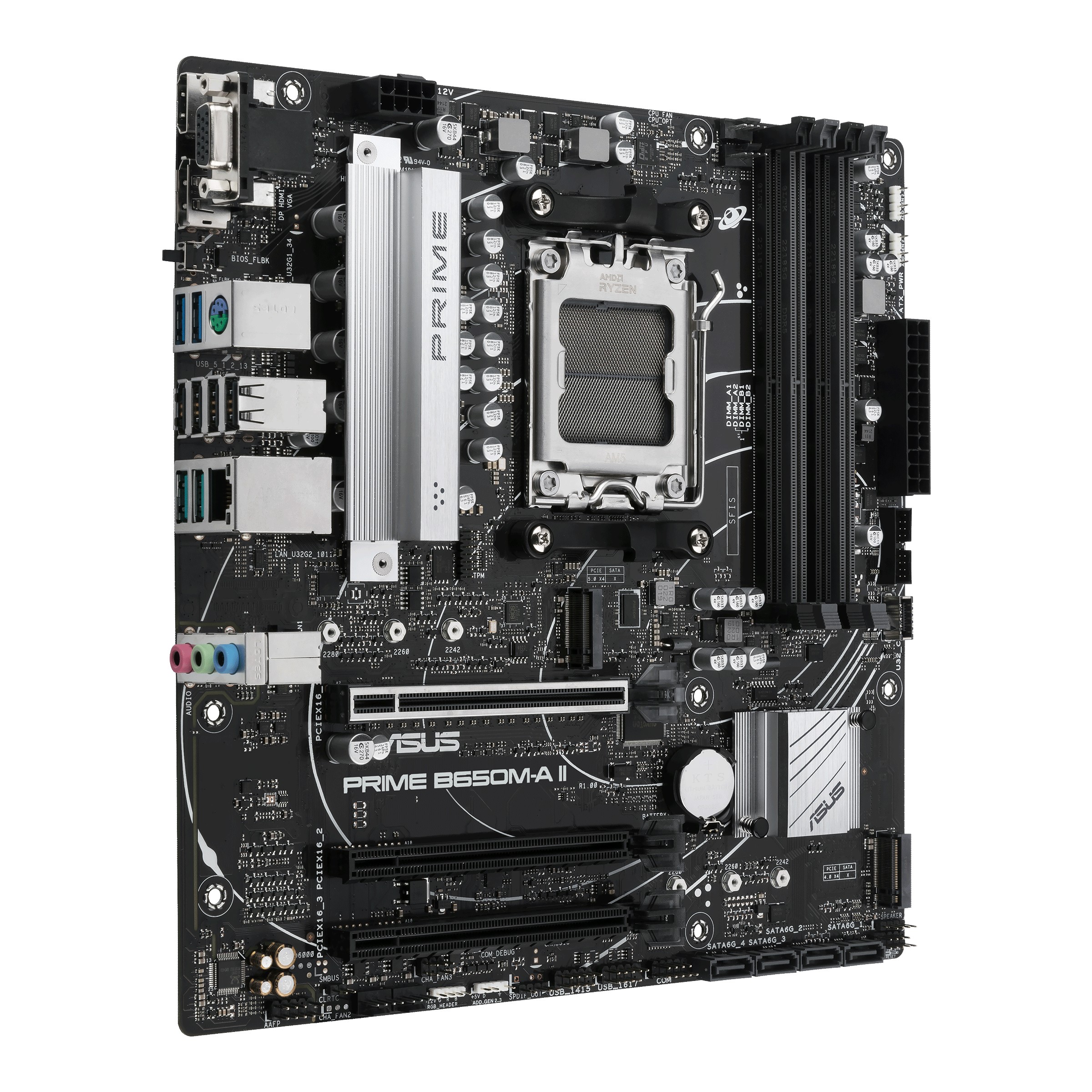 ASUS PRIME B650M-A II, Socket AM5, AMD B650, 14Phases, Dual 4xDDR5-6400, APU AMD graphics, VGA, HDMI, DP, 3xPCIe 4.0 X16, 4xSATA3, RAID, 2xM.2 PCIe 5.0, ALC1220-VB HDA, 2.5GbE LAN, 2xUSB3.2 Gen2, 5xUSB3.2 (1C+4A), Aura Sync RGB 2.0, mATX photo 3