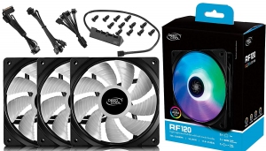 120mm Case Fan - DEEPCOOL "RF120-3 IN1", 3x RGB LED Fans, Customizable RGB LED Lighting, Two-way Control (Cable Controller & software control), 120x120x25mm, 500-1500rpm, <17.8~27dBa, 56.5CFM, Hydro Bearing, 4Pin, PWM, 12V RGB 4-pin port thumbnav 4