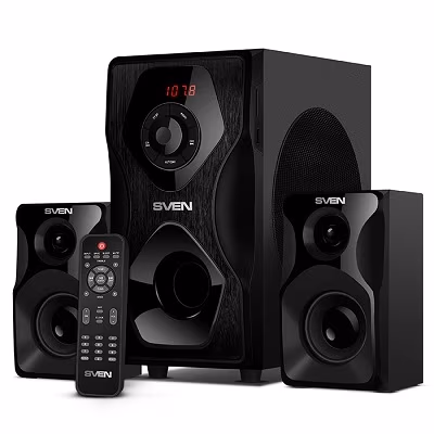 SVEN MS-2055 Black, 2.1 / 30W + 2x12.5W RMS, Bluetooth, FM-tuner, USB & SD card Input, Digital LED display, built-in clock, set the switch-off time, remote control, all wooden