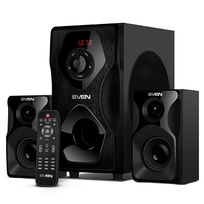 SVEN MS-2055 Black, 2.1 / 30W + 2x12.5W RMS, Bluetooth, FM-tuner, USB & SD card Input, Digital LED display, built-in clock, set the switch-off time, remote control, all wooden photo 1