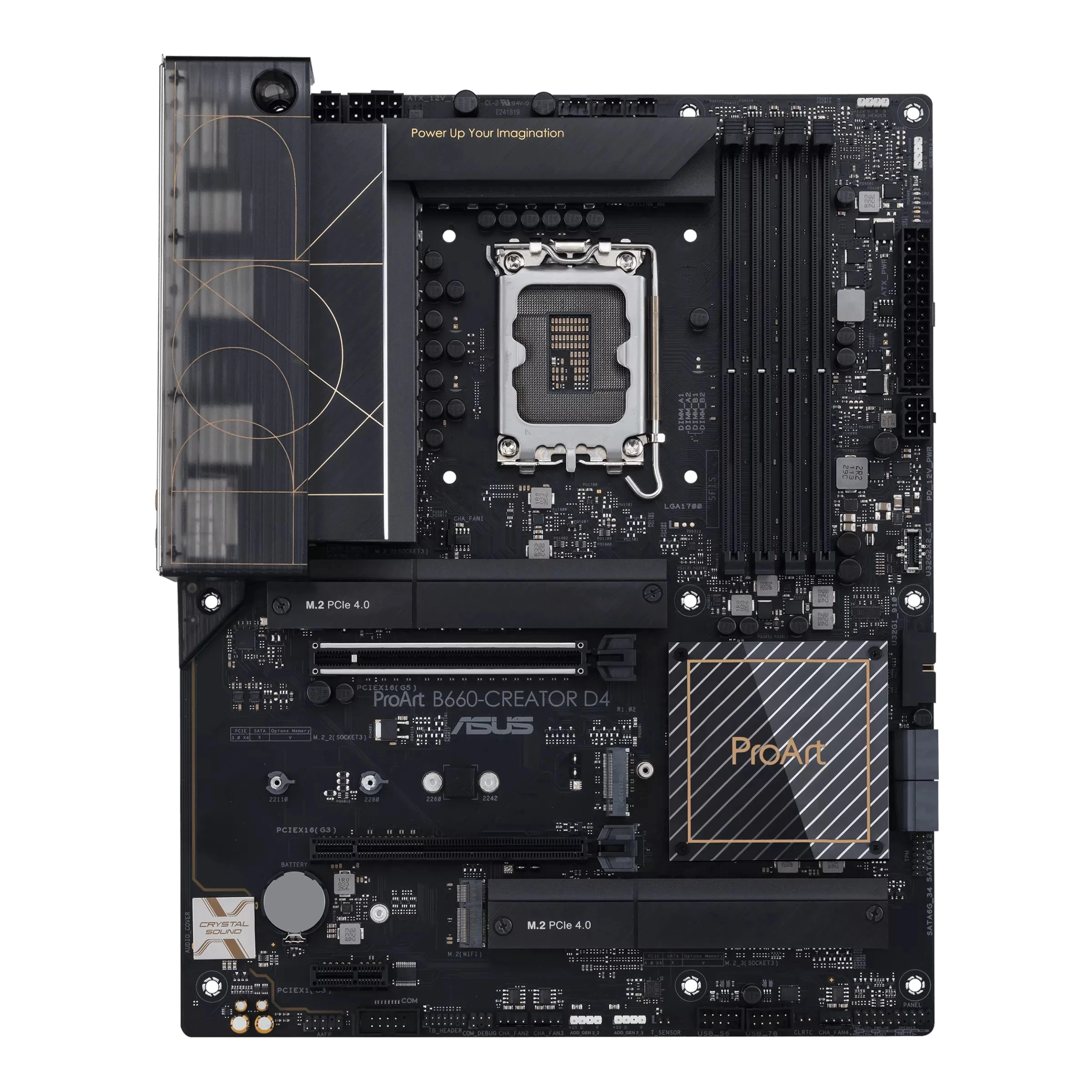 ASUS ProArt B660-CREATOR D4, Socket 1700, 13Phases, Intel® B660 (13/12th Gen CPU), Dual 4xDDR4-5333, HDMI, DP, Type-C, CPU iGPU, 2xPCIe X16 5.0, 4xSATA3, RAID, 3xM.2 4.0, 1xPCIe X1, Realtek Audio 7.1/SPDIF, 2.5GbE+1GbE LAN, 1xUSB-C Gen2x2, 1xUSB-C Gen2, 6