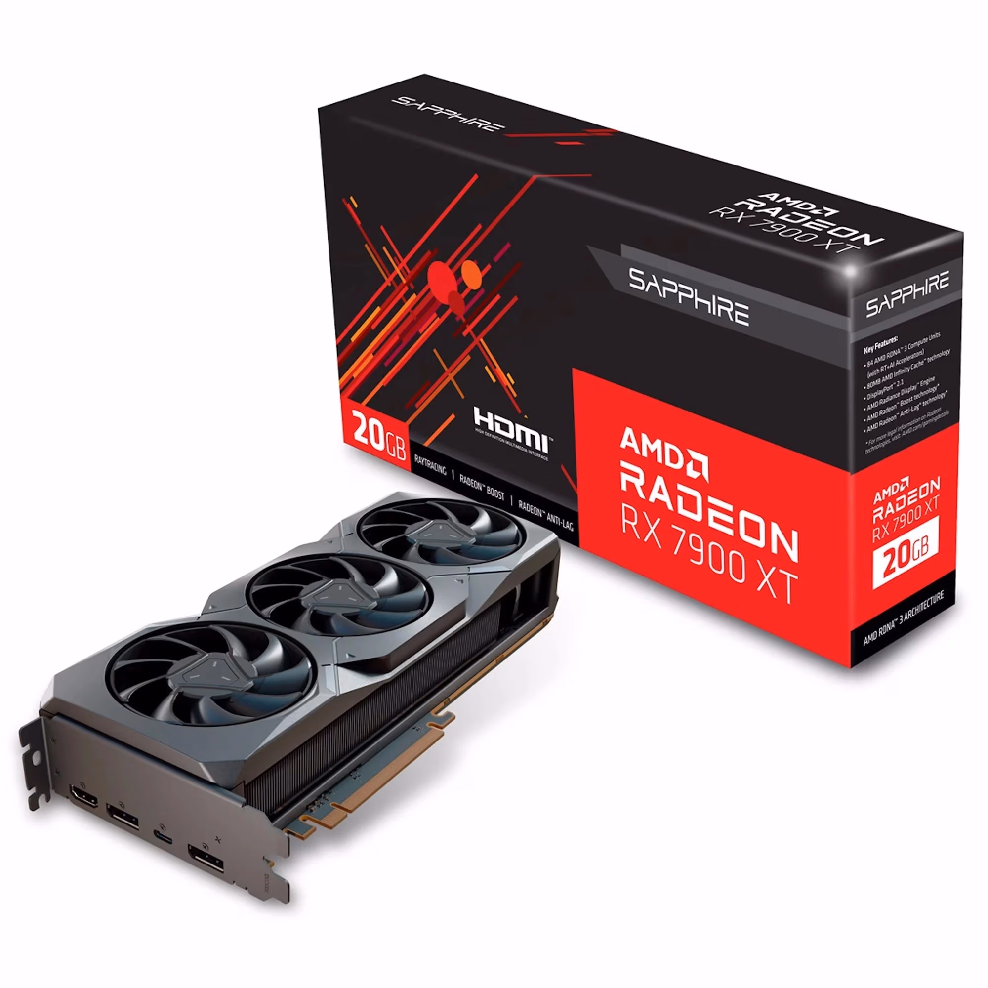 Sapphire AMD Radeon™ RX 7900XT 20GB GDDR6 320Bit 2400/20000Mhz, 1xHDMI, 2xDP, 1xUSB-C, Triple Fan, SP: 5736, AMD RDNA 3, 5nm GPU, PCIe4.0, 84 AMD Compute Units (RT+AI Accelerators), 80MB AMD Infinity Cache, AMD Display Engine, Boost/Anti-Lag Technology, M