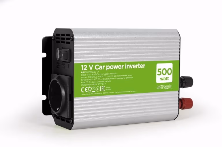 EnerGenie EG-PWC500-01, 12 V Car power inverter, 500 W, with USB port / 5V-1A, Input: 10-16 VDC (accumulator directly) - Output: 230 VAC +/- 10% at 50 Hz (+/-3Hz), modified sine wave 