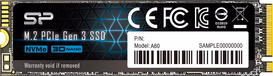 M.2 NVMe SSD 512GB Silicon Power A60, Interface: PCIe3.0 x4 / NVMe1.3, M2 Type 2280 form factor, Sequential Reads 2200 MB/s, Sequential Writes 1600 MB/s, MTBF 2mln, HMB, SLC Cashe, E2E Data Protection, SP Toolbox, 3D NAND TLC