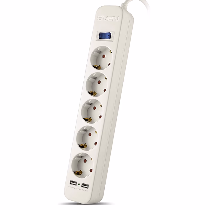 Surge Protector SVEN SF-05LU, 5 Sockets + 2 USB (2,4 A) , 1.8m, White, color box