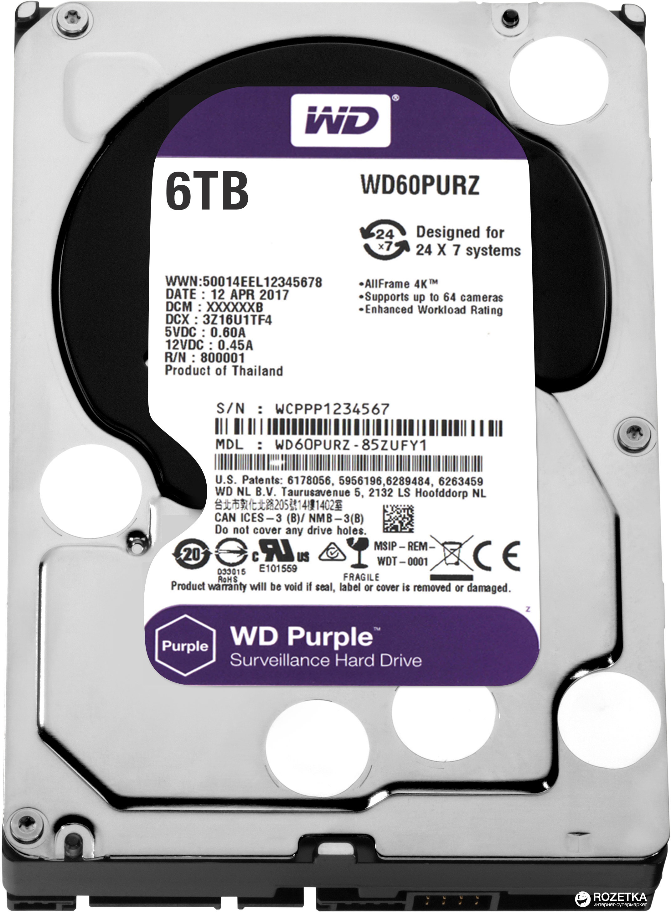 3.5" HDD 6.0TB Western Digital WD60PURZ Caviar® Purple™, CMR Drive, IntelliPower, 64MB, SATAIII photo 1