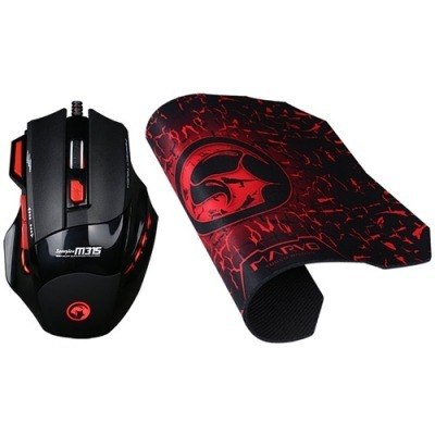 MARVO "M315G1", Gaming Combo Mouse "M315", 800/1200/1600dpi adjustable, Optical sensor, 7 buttons, 3 colors lights, Braided cable, USB + Mouse pad "G1", dimensions 287 x 244 x 3 mm, rubber base+microfiber, Black-Red photo 1