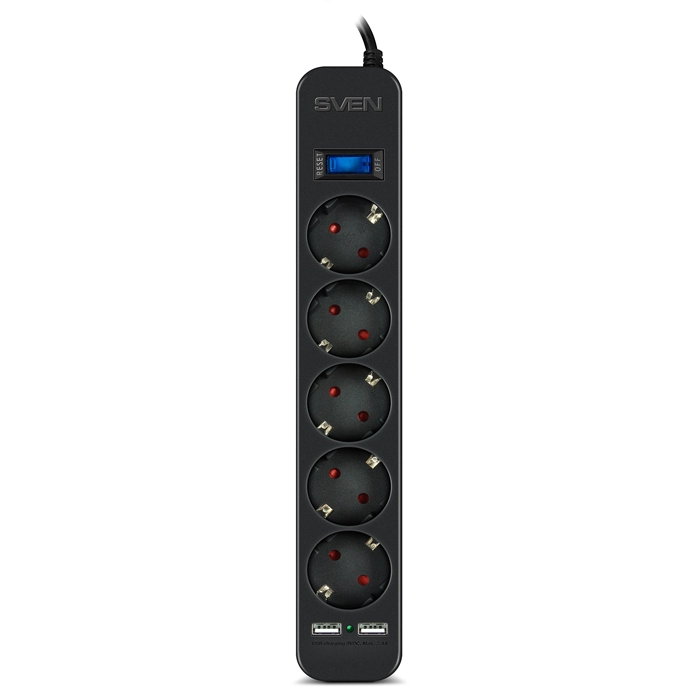 Surge Protector SVEN SF-05LU, 5 Sockets + 2 USB (2,4 A) , 1.8m, Black, color box