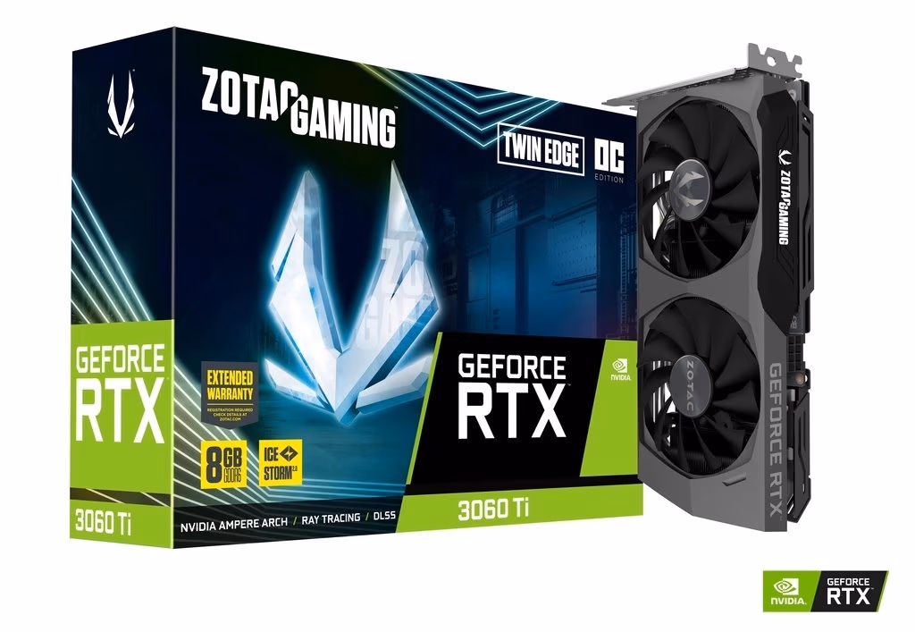 ZOTAC GeForce RTX 3060 Ti Twin Edge OC LHR 8GB GDDR6, 256bit, 1695/14000Mhz, Ampere, PCIeX16 4.0, Dual Fan / IceStorm 2.0, 1xHDMI, 3xDisplayPort, Active Fan Control/ FREEZE Fan Stop, White Led Lightning, FireStorm, Metal Backplate, Medium Pack