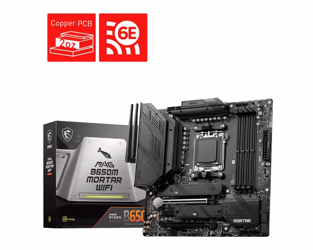 MSI MAG B650M MORTAR WIFI, Socket AM5, 17Phases, AMD B650, Dual 4xDDR5-7600, APU AMD graphics, HDMI, DP, 2xPCIe4.0 X16, 6xSATA3, RAID, 2xM.2PCIe 4.0, 1xPCIeX1, ALC4080 HDA/SPDIF, 1x2.5GbE LAN, WiFi6E/BT, 1xUSB-C 3.2Gen2x2, 4xUSB 3.2 Gen2(3A+1C), 6xUSB3.2,