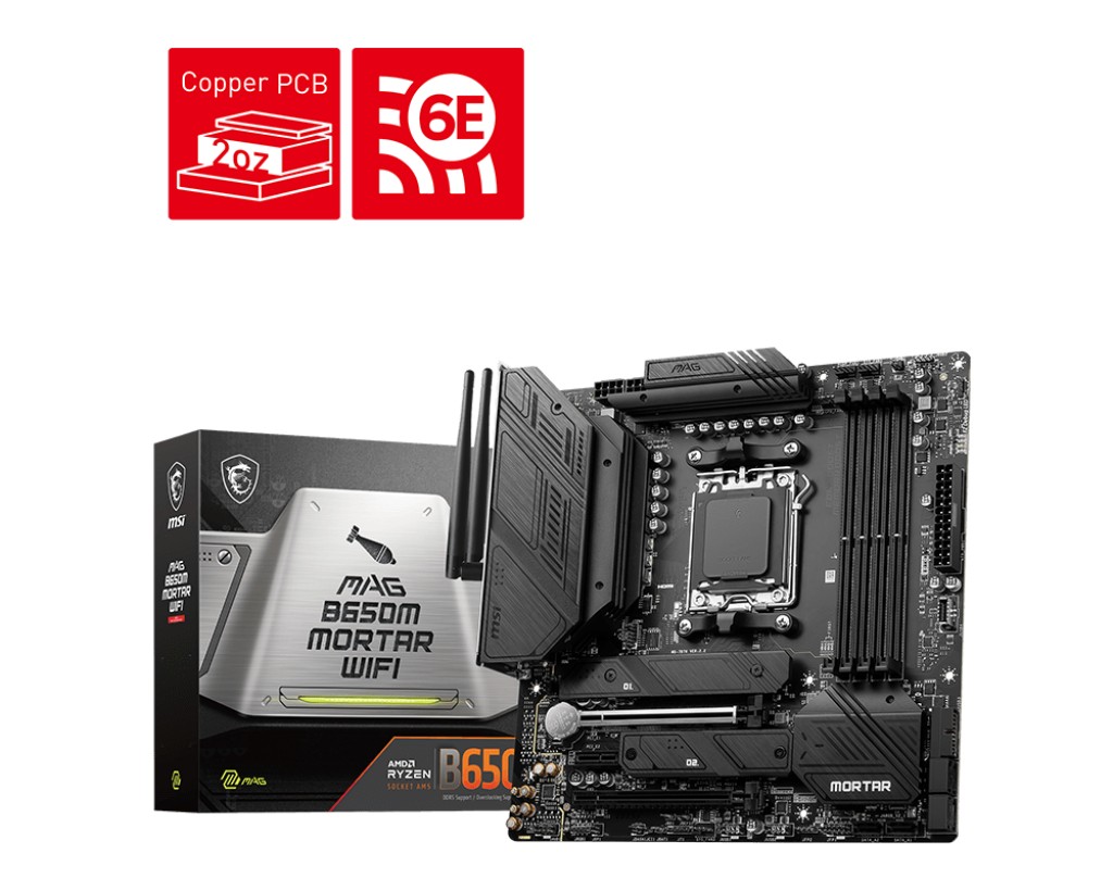 MSI MAG B650M MORTAR WIFI, Socket AM5, 17Phases, AMD B650, Dual 4xDDR5-7600, APU AMD graphics, HDMI, DP, 2xPCIe4.0 X16, 6xSATA3, RAID, 2xM.2PCIe 4.0, 1xPCIeX1, ALC4080 HDA/SPDIF, 1x2.5GbE LAN, WiFi6E/BT, 1xUSB-C 3.2Gen2x2, 4xUSB 3.2 Gen2(3A+1C), 6xUSB3.2, photo 1