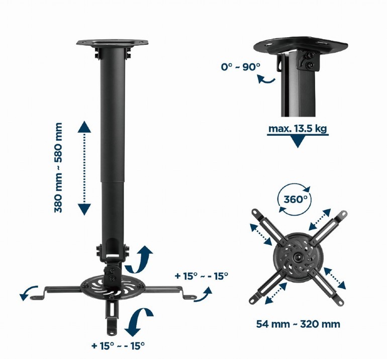 Регулируемое потолочное крепление для проектора Gembird CM-B-01/ 380 ~ 580 mm/ max 13kg/ Black photo 9