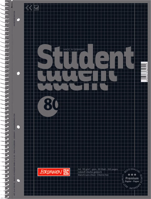 Notebook College-Block Brunnen A4 pe o spirală în patratele, 80 de foi 90 g/m2, coperta neagră 