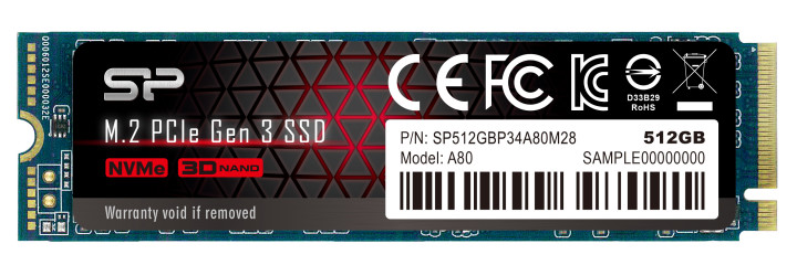 M.2 NVMe SSD 512GB Silicon Power A80, Interface: PCIe3.0 x4 / NVMe1.3, M2 Type 2280 form factor, Sequential Reads 3200 MB/s, Sequential Writes 3000 MB/s, MTBF 2mln, HMB, SLC+DRAM Cache, E2E Data Protection, SP Toolbox, Controller Phison, 3D NAND TLC photo 1