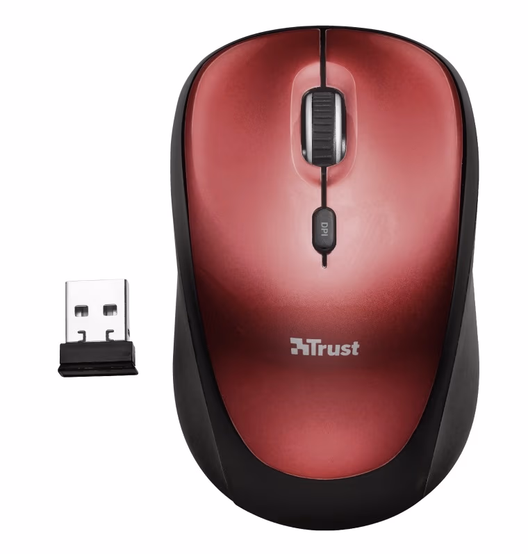 Trust Yvi Wireless Mouse - Red, 8m 2.4GHz, Micro receiver, 800-1600 dpi, 4 button, Rubber sides for comfort and grip, USB