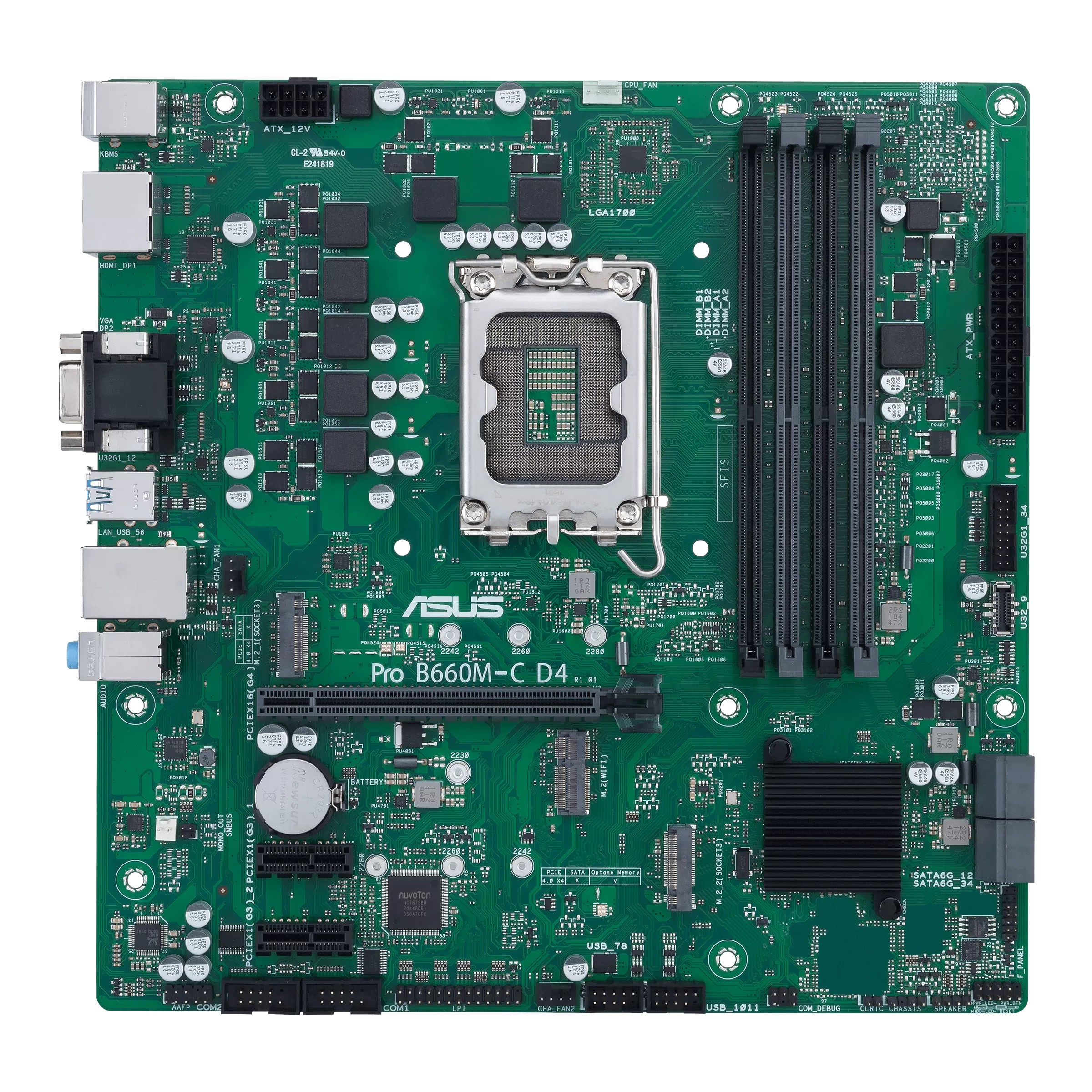 ASUS PRO B660M-C D4-CSM, Socket 1700, Intel® B660 (12th Gen CPU), CPU iGPU, Dual 4xDDR4-5000, VGA, HDMI, 2xDP, 1xPCIe X16, 4xSATA3, RAID, 2xM.2 4.0, 1xM.2 for WiFi, 2xPCIe X1, Realtek Audio 7.1, 1GbE LAN, 5xUSB 3.2(1xType-C+4xType-A), ASUS CSM, CCE, Syste photo 1