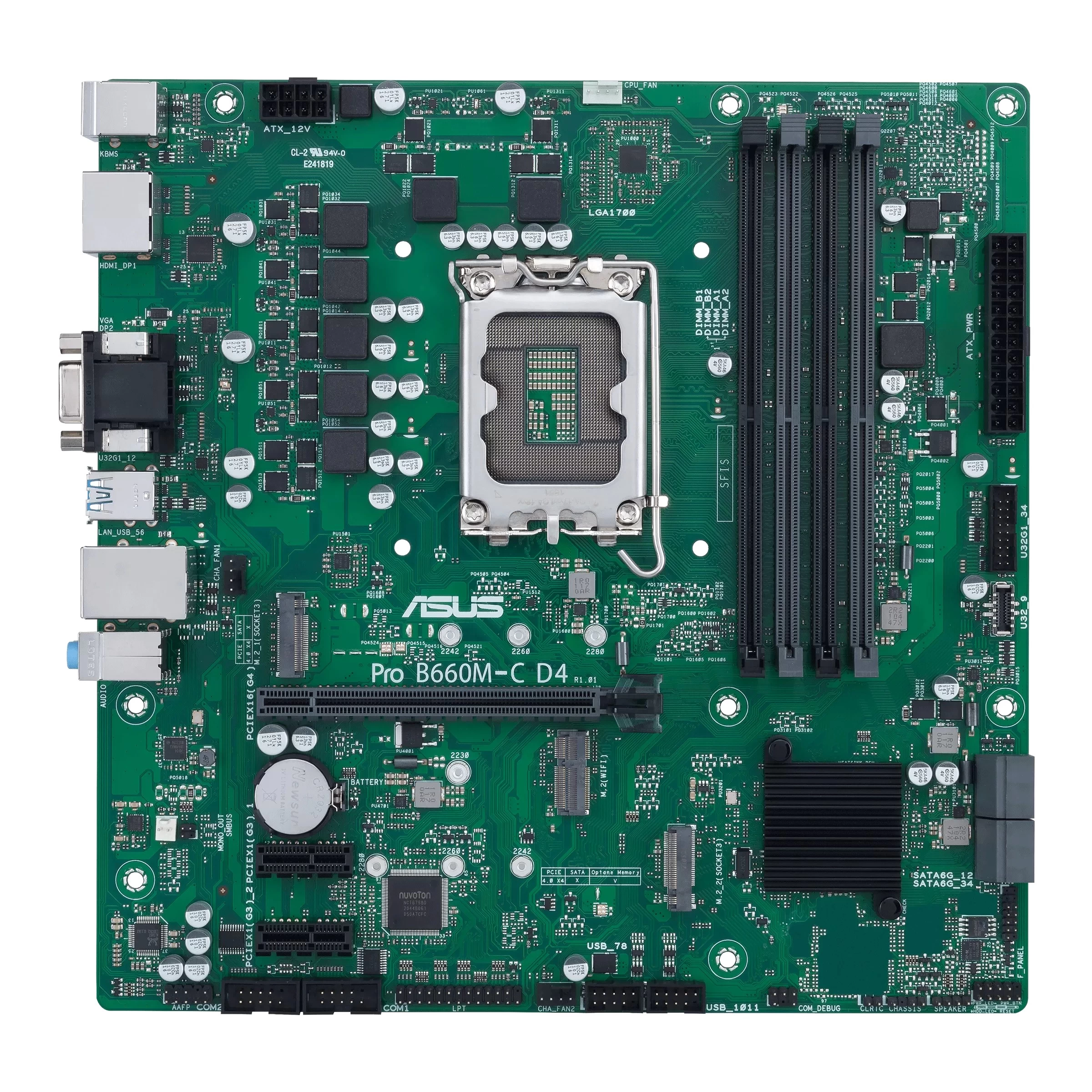 ASUS PRO B660M-C D4-CSM, Socket 1700, Intel® B660 (12th Gen CPU), CPU iGPU, Dual 4xDDR4-5000, VGA, HDMI, 2xDP, 1xPCIe X16, 4xSATA3, RAID, 2xM.2 4.0, 1xM.2 for WiFi, 2xPCIe X1, Realtek Audio 7.1, 1GbE LAN, 5xUSB 3.2(1xType-C+4xType-A), ASUS CSM, CCE, Syste
