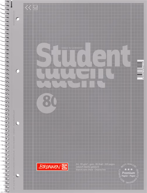Notebook College-Block Brunnen A4 pe o spirală în patratele, 80 de foi 90 g/m2, copertă gri 