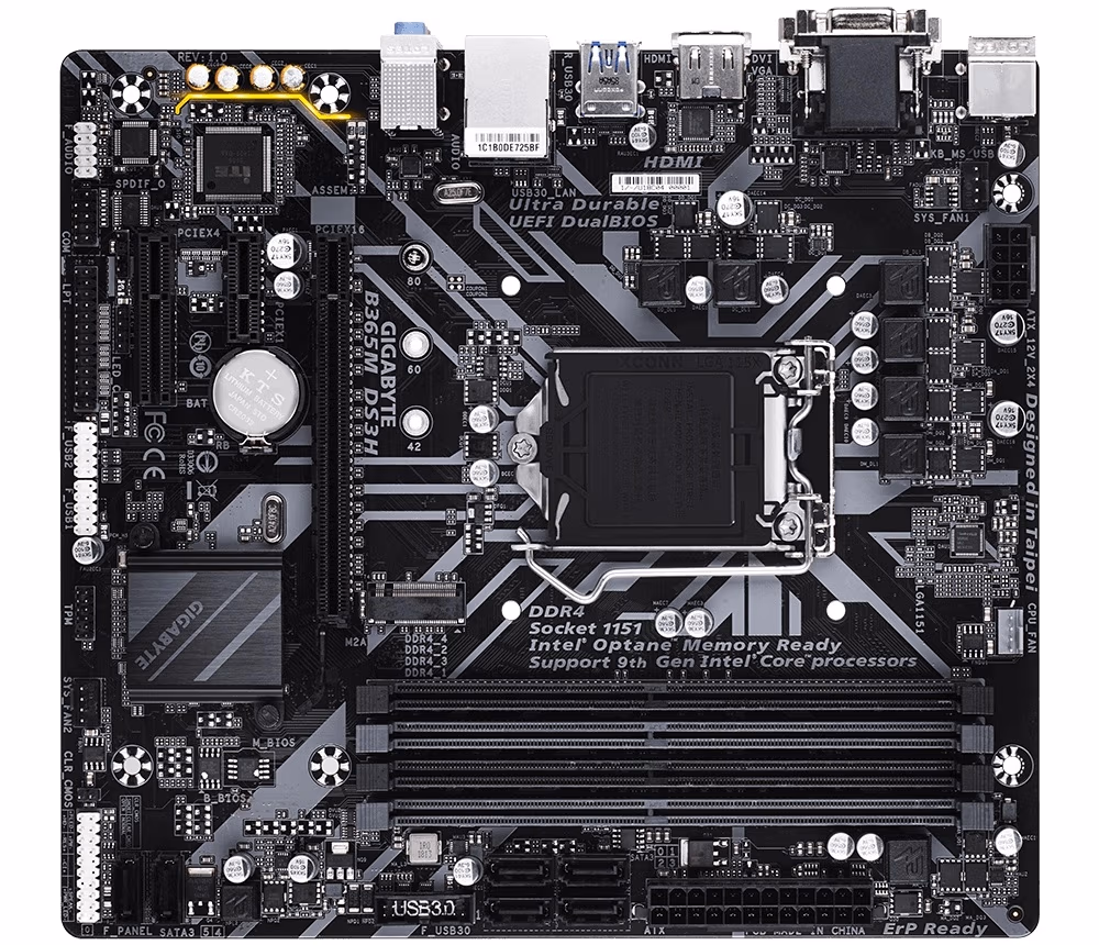 GIGABYTE B365M DS3H, Socket 1151, Intel® B365 (9th/8th Gen CPU), Dual 4xDDR4-2666, CPU Intel graphics, VGA, DVI, HDMI, 1xPCIe X16, 6xSATA3, RAID, 1xM.2, 1xPCIe X4, 1xPCIe X1, ALC887 HDA, GbE LAN, 6xUSB3.1, mATX 