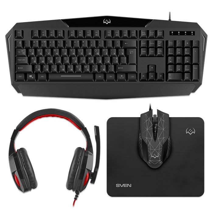 SVEN GS-4300 RGB Gaming Set, Keyboard+Mouse+MousePad+Headset, keys 104 keys, 12 Fn-keys, Backlight (RGB) mouse 7+1(1200-3200 DPI) , USB, Black, Rus/Ukr/Eng photo 1