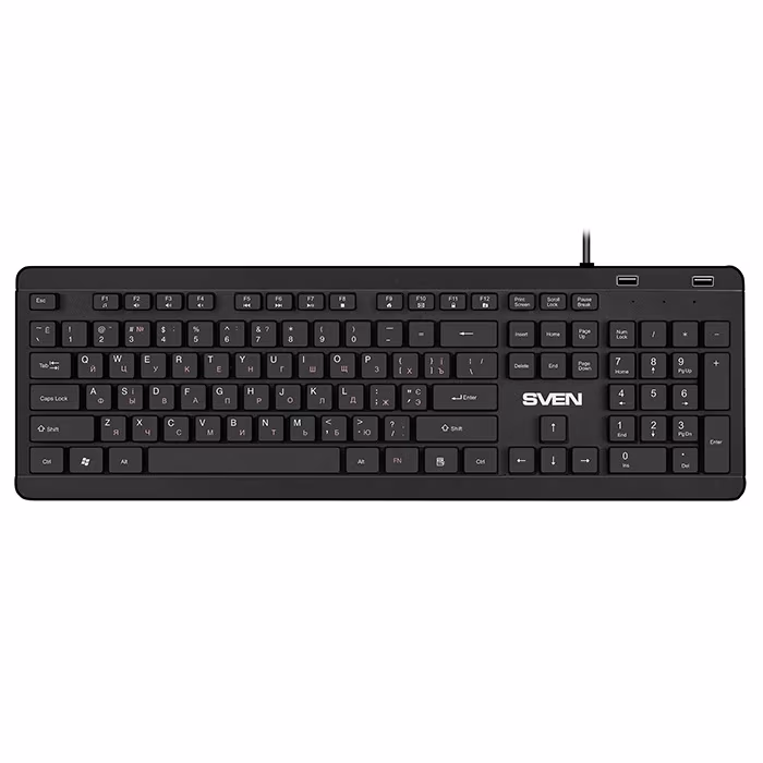 SVEN KB-E5700H, Keyboard, Waterproof construction, 104 keys, 12 Fn-keys, slim compact design, low-profile, USB 2.0 Hub 2 -ports, 1.5m, Black, Rus/Ukr/Eng 