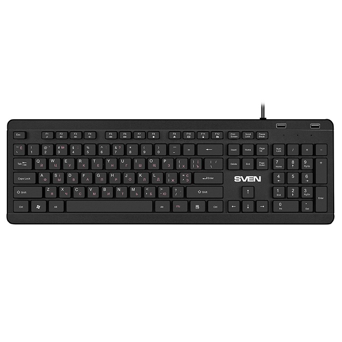 SVEN KB-E5700H, Keyboard, Waterproof construction, 104 keys, 12 Fn-keys, slim compact design, low-profile, USB 2.0 Hub 2 -ports, 1.5m, Black, Rus/Ukr/Eng photo 1