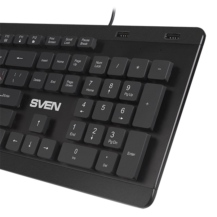 SVEN KB-E5700H, Keyboard, Waterproof construction, 104 keys, 12 Fn-keys, slim compact design, low-profile, USB 2.0 Hub 2 -ports, 1.5m, Black, Rus/Ukr/Eng photo 3