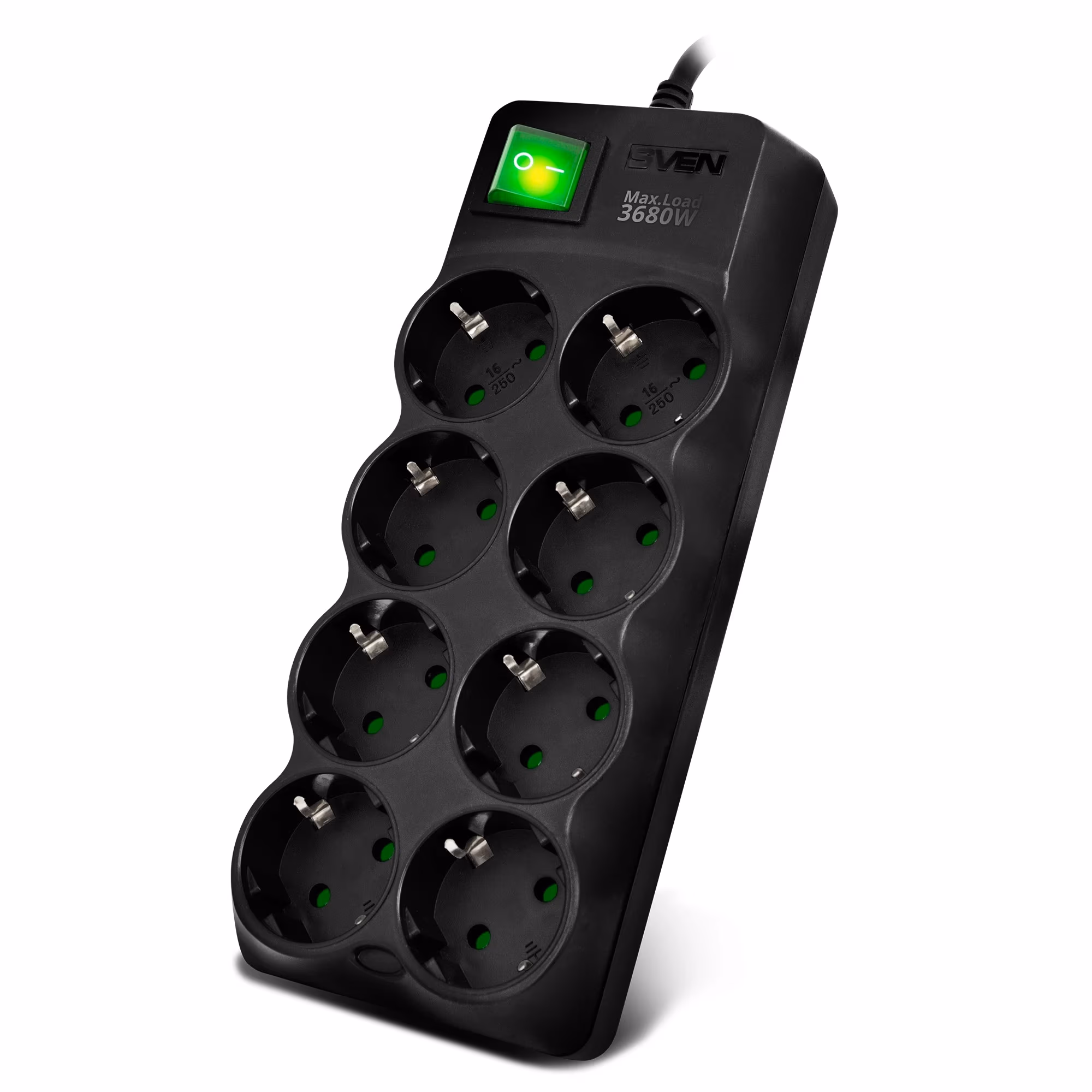 Surge Protector SVEN SF-08E-16, 8 Sockets, Children protection, 3.0m, ABS plastic, Black