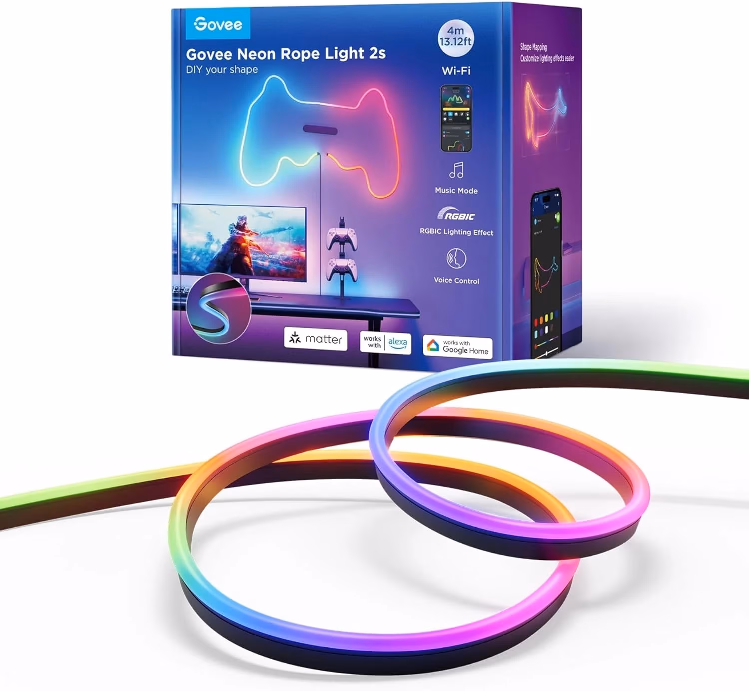 Неоновая веревочная лента GOVEE Neon Rope Strip Ligth 2s / 4m / Multicolor / Wi-Fi + BT / Black