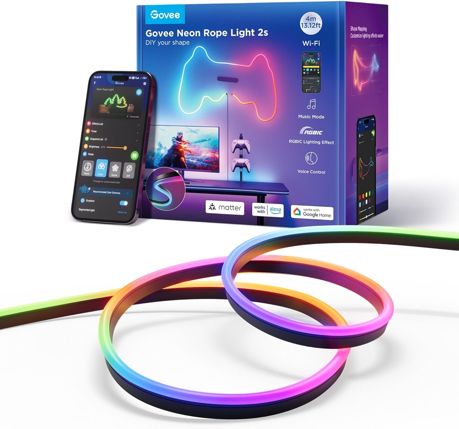 Неоновая веревочная лента GOVEE Neon Rope Strip Ligth 2s / 4m / Multicolor / Wi-Fi + BT / Black photo 2