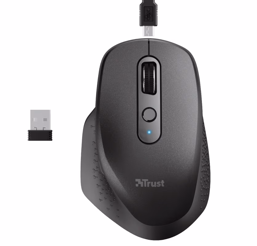 Trust Ozaa Rechargeable Wireless Mouse, Silent Buttons, 2.4GHz, Micro receiver, 800/1200/1600/2400 dpi, 6 button, rechargeable battery up to 40 days, USB, Black