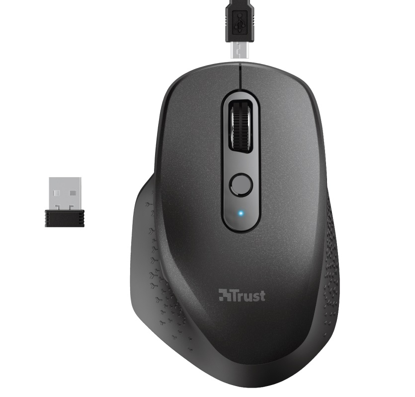 Trust Ozaa Rechargeable Wireless Mouse, Silent Buttons, 2.4GHz, Micro receiver, 800/1200/1600/2400 dpi, 6 button, rechargeable battery up to 40 days, USB, Black photo 1