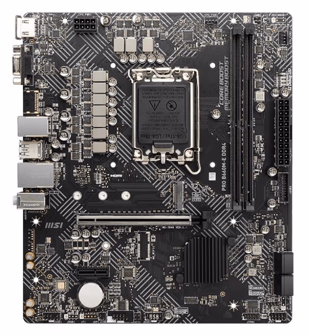 MSI PRO B660M-E DDR4, Socket 1700, Intel® B660 (13/12th Gen CPU), CPU graphics, VGA, HDMI, Dual 2xDDR4-4600, 1xPCIe X16 4.0, 4xSATA3, RAID, 1xM.2 4.0, 1xM.2 E-key for Wi-Fi, 1xPCIe X1, ALC897 HDA 7.1, 1GbE LAN, 4xUSB3.2, mATX 
