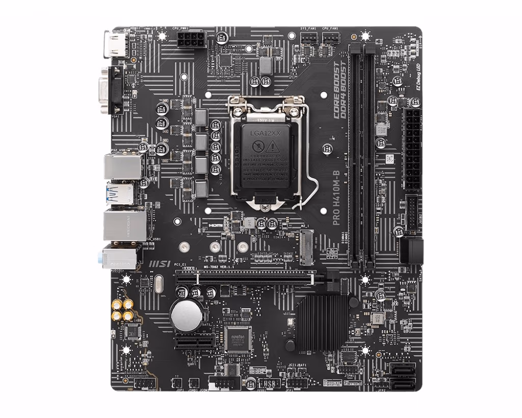 MSI PRO H410M-B, Socket 1200, Intel® H510 (11/10th Gen CPU), Dual 2xDDR4-2933, CPU Intel graphics, VGA, HDMI, 1xPCIe X16, 4xSATA3, 1xM.2, 1xPCIe X1, ALC897 HDA, GbE LAN, 4xUSB3.2, mATX 