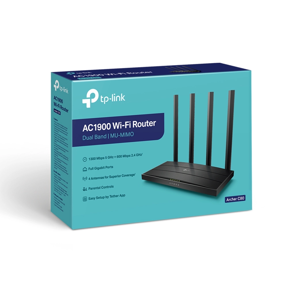 Wireless Router TP-LINK Archer C80 / AC1900 Dual Band / Wi-Fi5 / Gigabit / 1WAN+4LAN / 4 fixed antennas