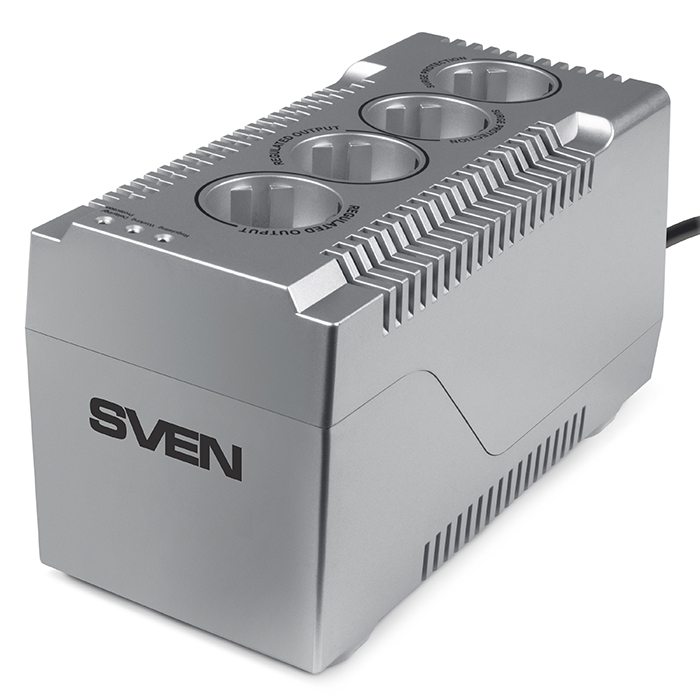 SVEN VR-F1000, 320W, Automatic Voltage Regulator, 4x Schuko outlets, Input voltage: 180-285V, Output voltage: 230V ± 10%, input and output voltage digital indicator on the front panel, Power supply delay function, metal body, Black photo 1