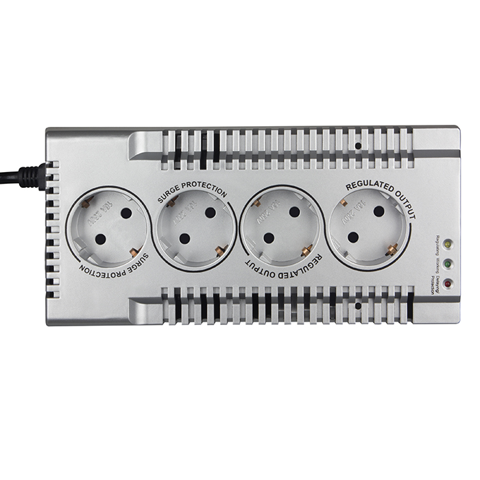 SVEN VR-F1000, 320W, Automatic Voltage Regulator, 4x Schuko outlets, Input voltage: 180-285V, Output voltage: 230V ± 10%, input and output voltage digital indicator on the front panel, Power supply delay function, metal body, Black photo 3