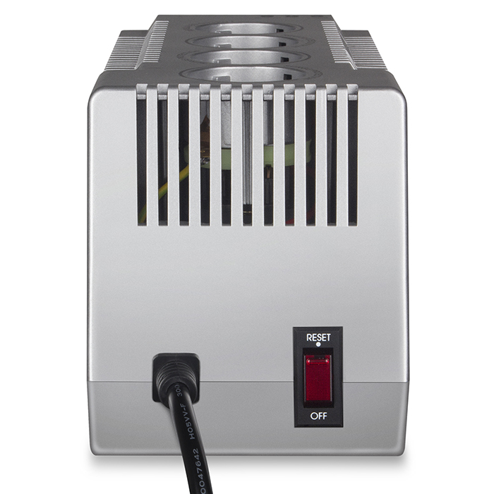SVEN VR-F1000, 320W, Automatic Voltage Regulator, 4x Schuko outlets, Input voltage: 180-285V, Output voltage: 230V ± 10%, input and output voltage digital indicator on the front panel, Power supply delay function, metal body, Black photo 4