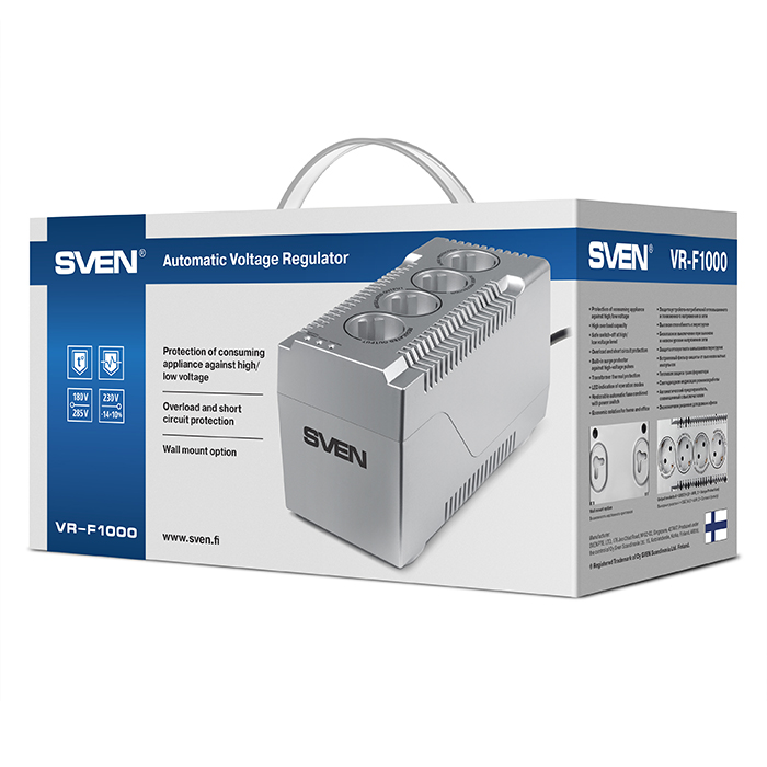 SVEN VR-F1000, 320W, Automatic Voltage Regulator, 4x Schuko outlets, Input voltage: 180-285V, Output voltage: 230V ± 10%, input and output voltage digital indicator on the front panel, Power supply delay function, metal body, Black photo 8