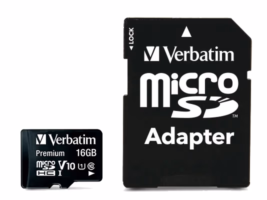 16GB microSD Class10 A1 UHS-I + SD adapter Verbatim Premium microSDHC, 600x, Up to: 90MB/s 