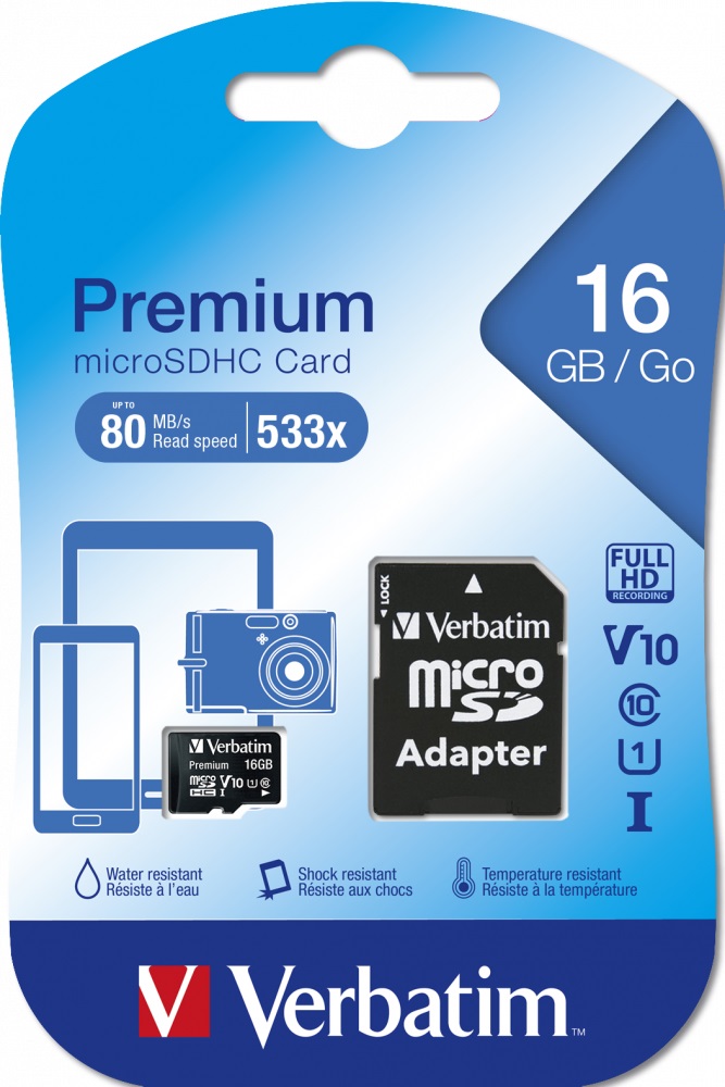 16GB microSD Class10 A1 UHS-I + SD adapter Verbatim Premium microSDHC, 600x, Up to: 90MB/s photo 3